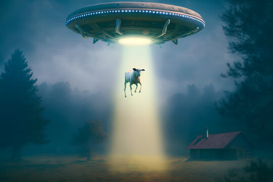 View rural landscape with cows and UFO. The concept of nightly abduction of living beings by aliens of other civilizations. Generative AI