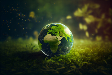 Obraz na płótnie Canvas Umwelt- Konzept zum Tag der Erde: Glas Globus im grünen Wald - Generative Ai