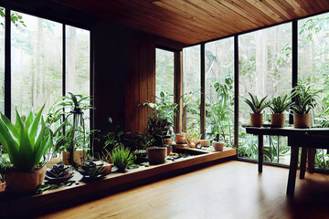 contemporary living room, modern interior with indoor house plants, window to the forest, generative ai