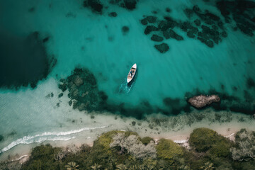 Fototapeta na wymiar Aerial view of blue tropical sea with boat, ocean birds eye view, generative ai 