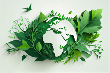 Umwelt- Konzept zum Tag der Erde:  die Erde vor einem grünen und ökologisch nachhaltigen Hintergrund, Vektor Illustration - Generative Ai - obrazy, fototapety, plakaty