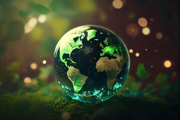 Fototapeta na wymiar Umwelt- Konzept zum Tag der Erde: Glas Globus im grünen Wald - Generative Ai