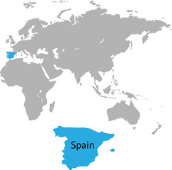 Spain marked by blue in grey World political map. Vector illustration.