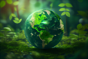 Obraz na płótnie Canvas Umwelt- Konzept zum Tag der Erde: Glas Globus im grünen Wald - Generative Ai