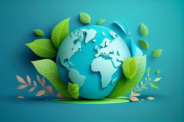 Umwelt- Konzept zum Tag der Erde: Menschliche Hände, halten die Erde vor einem grünen und ökologisch nachhaltigen Hintergrund, Vektor Illustration - Generative Ai - obrazy, fototapety, plakaty