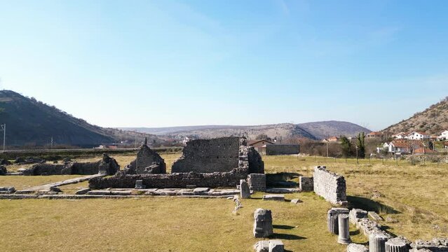 Roman town Doclea, ancient locality in Montenegro, drone aerial view