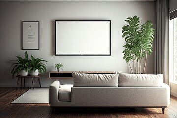 Mockup of wall poster frame on the living room, with modern contemporary minimalist style interior, natural warm light, generative AI. suitable for place your desgin product