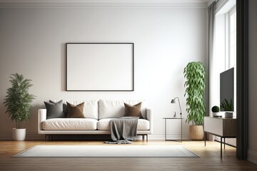 Fototapeta premium Mockup of wall poster frame on the living room, with modern contemporary minimalist style interior, natural warm light, generative AI. suitable for place your desgin product