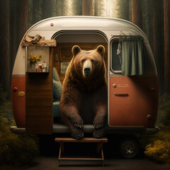 Couple of brown bears in love on vacation in camper enjoying nature. Generative AI - obrazy, fototapety, plakaty