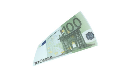 100 euro flying alone on a white background. Europe euro. 3d rendering.