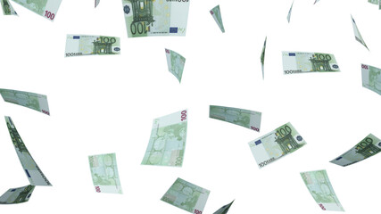 Several banknotes of money flying  on a write background. 100 euro. Europe euro. 3d rendering.