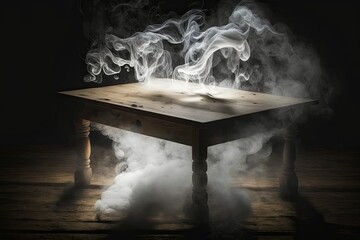 Smoke obscures the background of an old wooden table. Generative AI