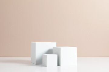 White quadrate pastel background for product presentation with shadow on beige table background. Podium, stage pedestal platform for cosmetic product. Empty square podium. Mockup.
