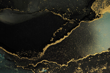 Art Abstract painting blots horizontal background. Alcohol ink watercolor black and gold colors....