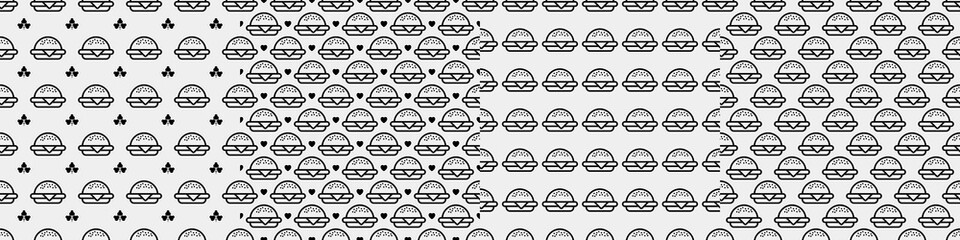 Burger seamless pattern. Hamburger motif. Fast food line emblem ornament
