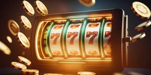 Deurstickers Casino banner slot machine with jackpot and golden coin. Generation AI © Adin