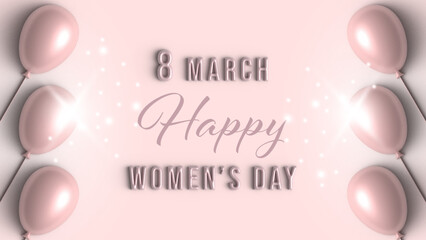 March 8, International Women's Day card. Banner with pink balloon, pastel colours background, 3d.