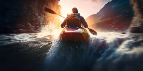Foto op Canvas Adventure kayak sails on mountain river with sunlight. Concept banner extreme sport rafting, whitewater kayaking. Generation AI © Adin
