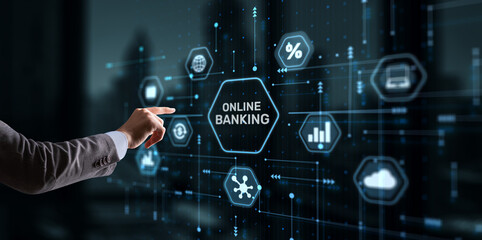 Fototapeta na wymiar Banking Online Internet Payment Technology. Businessman presses a button Banking