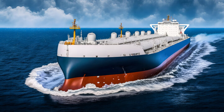Tanker Liquefied Natural Gas LNG ship sails on ocean water, banner logistic. Generation AI