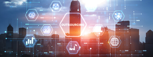 Outsourcing Human Resources Global Recruitment concept. City Background