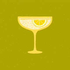 Cocktail dessert glass. Alcohol drink with lemon. Daiquiri for bar and event. Flat vector illustration with texture. Simple retro alcohol drink poster