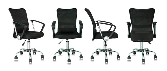 set of black office chair isolated with reflect floor