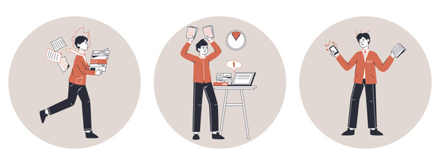 Stressed office workers. Work deadline, bad time management, overload business people deadline flat linear vector illustration set