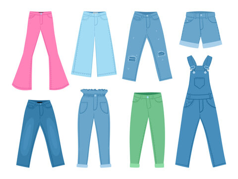 Cartoon jeans pants. Denim clothes, casual overall, pants, shorts, denim fabric garments flat vector illustration collection