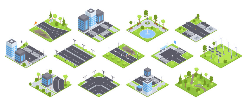 Isometric urban city set. City park environment, street roads, road signs and trees 3d vector illustration set