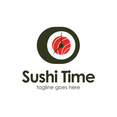 Sushi Time Logo Design Template with sushi icon and clock. Perfect for business, company, mobile, app, restaurant, etc