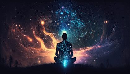 Fototapeta na wymiar A person sitting in a meditative pose with a glowing galaxy inside their mind, representing the vastness of our inner universe. Generative AI