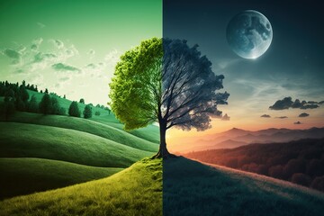 Concept of spring equinox. Day and night, sun and moon meeting together on the split landscape.