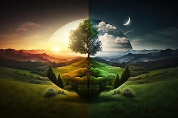Concept of spring equinox. Day and night, sun and moon meeting together on the split landscape.
