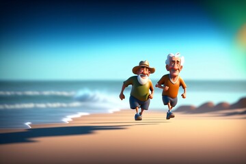 couple of old men running on the beach, fictional 3d cartoon characters. Generative ai