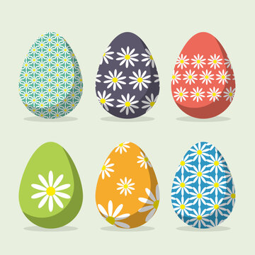 Set of Easter eggs with floral pattern, flat design isolated on white background.