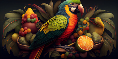 Tropical vintage exotic bird, flower, fruit, palm leaves floral . Exotic jungle wallpaper. AI Generative