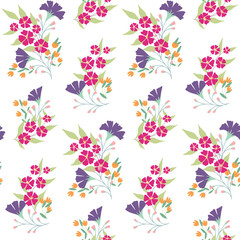 Fototapeta na wymiar Seamless floral pattern with decorative art plants in rustic style. Beautiful botanical print with delicate spring plants: wild flowers, leaves in bunches on a white background. Vector illustration.
