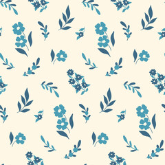 Seamless floral pattern, cute rustic ditsy print. Simple botanical design with blue hand drawn plants: small flowers, leaves, twigs on a white background. Vector illustration.