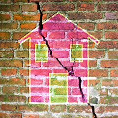 Old deeply cracked brick wall with a colored house drawn on it - earthquake and bradyseism concept