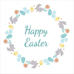 Easter wreath. Rabbit, flowers, chicken, eggs. Doodle vector illustration. Happy Easter lettering.