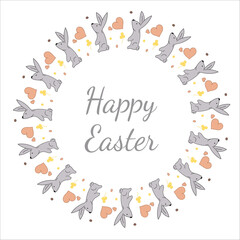 Easter wreath. Rabbit, flowers, heart. Doodle vector illustration. Happy Easter lettering.