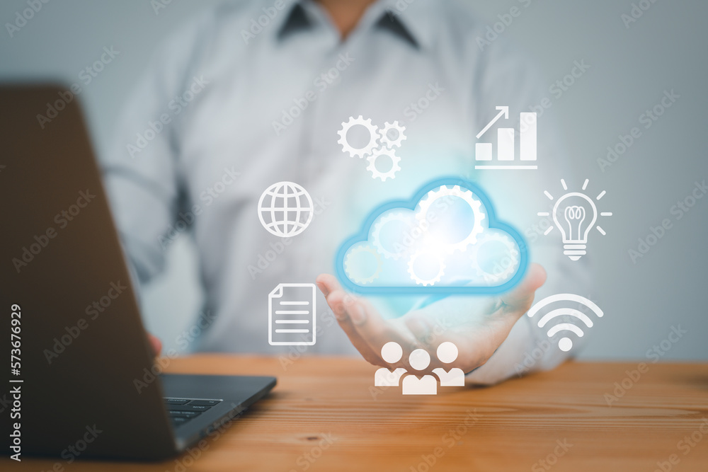 Poster cloud computing technology database, and mobile server ideas with internet icons, Internet data storage. drive business