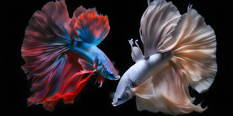Fototapeta na wymiar Couple Colorful Siamese fighting fish, Aquatic Exotic Tail. Isolated Dark Background - Generativ ai 