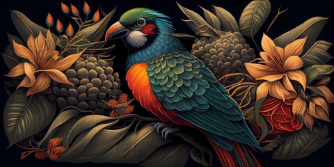 Fototapeta premium Tropical vintage exotic bird, flower, fruit, palm leaves floral . Exotic jungle wallpaper. AI Generative