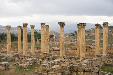 Jerash ruins of famous Roman City, Jordan, well preserved pillars of temple