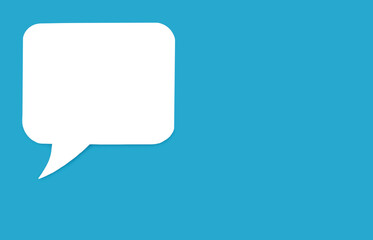Paper speech bubble in the shape of a rectangle on a blue background. Flat white chat icon in the form of an empty speech bubble. Free space for text or image. Internet communication symbol