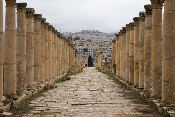 Jerash ruins of famous Roman City, Jordan, well preserved pillars of colonnade