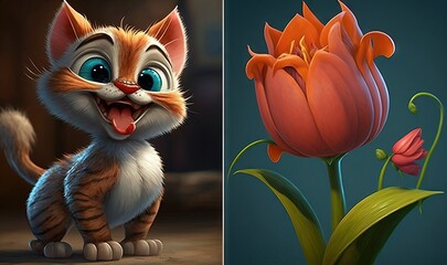  a cartoon cat with big blue eyes and a cartoon cat with a flower.  generative ai