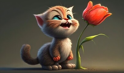  a cat that is holding a flower in its paws and looking at the camera.  generative ai